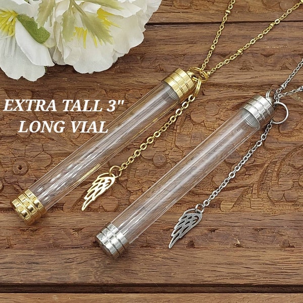 Extra Long Urn Necklace for Ashes, Lock of Hair, Pet Fur, Whiskers Jar | 3 inch Tall Clear Locket | DIY Cremation Jewelry | Urn Jewelry