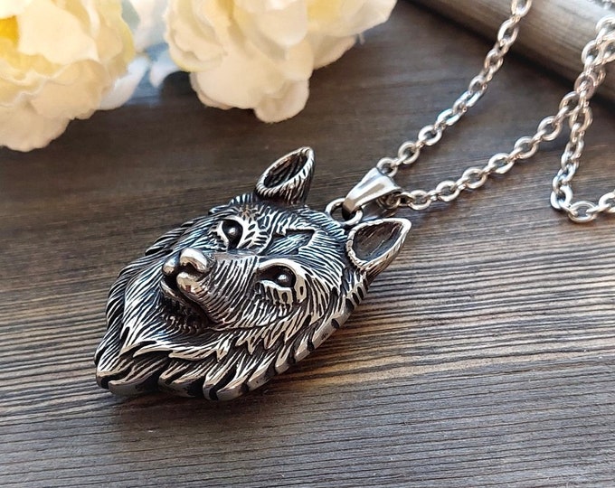 Wolf Dog Memorial Jewelry | Urn Locket Necklace for Ashes, Lock of Hair, Pet Fur | Cremation Jewellery | Keepsake Gifts for Men or Women