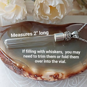 May include: A silver chain necklace with a clear glass vial pendant that measures 2 inches long. The vial is attached to the chain with a silver cap and a decorative silver charm. The text "Measures 2" long" is visible in the image. The text "If filling with whiskers, you may need to trim them or fold them over into the vial." is also visible in the image.
