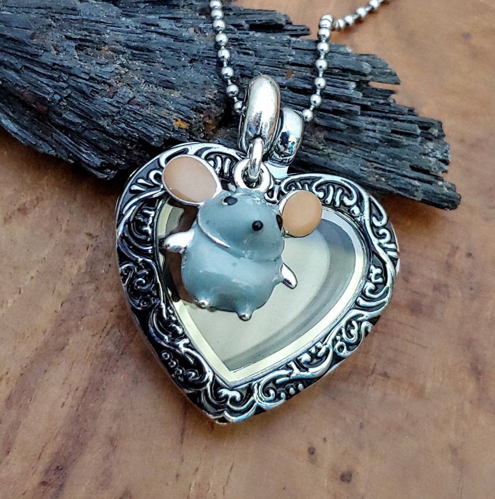 Mouse Glass Heart Locket Pet Hair Fur 