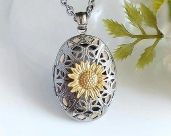 Sunflower Locket | Urn Necklace for 2 Keepsakes | Cremation Jewelry | Pendant for Cremains | Jewelry for Human Ashes, Pet Ash, Lock of Hair