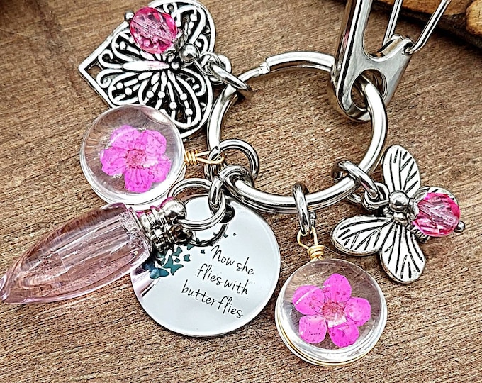 Butterfly Cherry Blossum Flower Urn Keychain Jewelry for Ashes | Memorial Jewelry Key chain | Cremation Jewelry | Keepsake Gift for Her