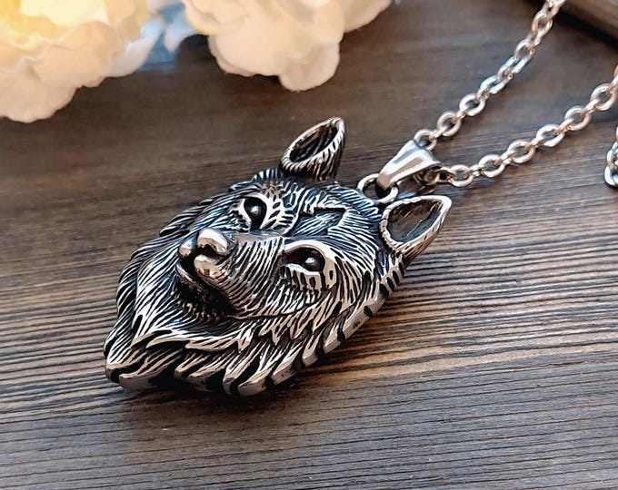 Wolf Locket Necklace | Stainless Steel Cremation Jewelry for Men or Women, Dog Memorial, Keepsake Jewellery