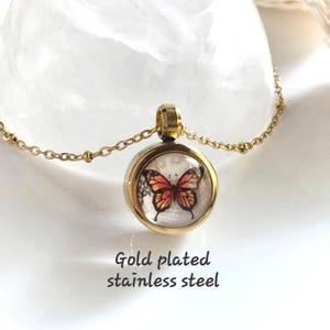 Puede incluir: Collar de acero inoxidable chapado en oro con un colgante redondo con un dise&ntilde;o de mariposa. La mariposa tiene alas naranjas y negras. La cadena es dorada y delicada.