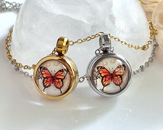 Monarch Butterfly Jewelry | Small Locket Urn Necklace for Ashes | Cremation Jewelry for Her |  Keepsake Lockets | Stainless Steel Jewellery