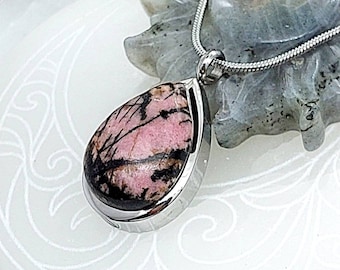 Rhodonite Teardrop Urn Necklace | Cremation Ash Locket | Keepsake, Memorial Jewelry Pendant