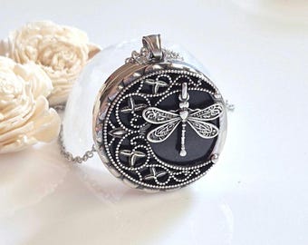 Dragonfly Locket | Urn Necklace for any Keepsake | Crescent Moon Pendant on Blue goldstone | Cremation Jewelry Gifts for Mom, Friend, Her
