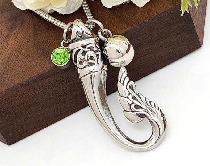 Fishhook Urn Necklace : Cremation Ashes Jewelry with Birthstone | Ash Holder Pendant for Men or Women | Fishing Memorial Jewellery