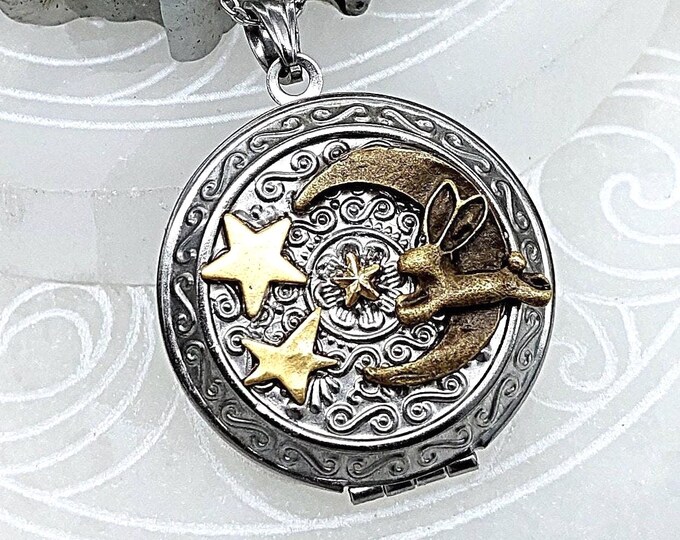 Bunny Rabbit Urn Locket with Fillable Insert, Cremation Necklace, Over the Moon & Stars Bunny Hair/Fur Keepsake