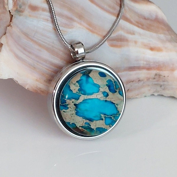 Blue Imperial Jasper Locket | Urn Necklace for Ashes, Hair, Fur | Memorial Urn Pendant | Cremation Ashes Jewelry | Keepsake Gifts for Her