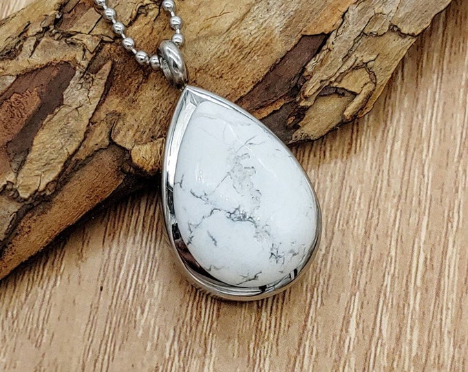 White Howlite Cremation Jewelry Necklace | Teardrop Urn Locket Necklace | Human Ash Urn | Keepsake Ashes Jewelry | Pet Memorial Jewelry Gift