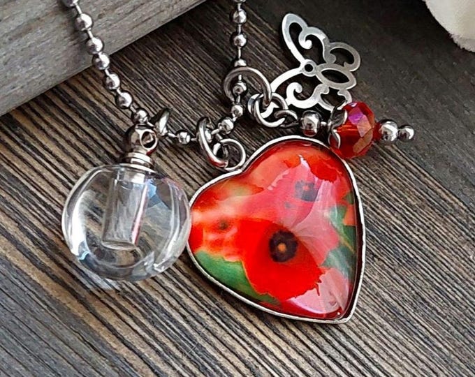 Poppy Urn Necklace | Red Poppy, Orange Poppies Keepsake Ashes Necklace | Urn Jewellery | Cremation Jewelry | Memorial Ash Pendant for Women