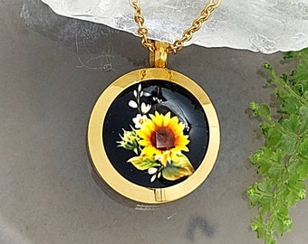Gold Sunflower Keepsake Locket for Ashes, Hair Fur | Urn Jewelry | Glass Locket Ashes Necklace | Cremation Jewelry | Memorial Gift for Women