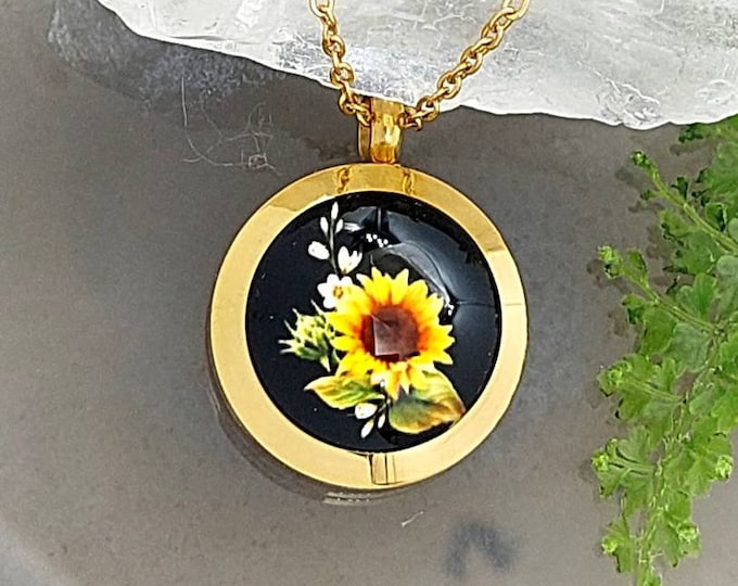 Gold Sunflower Keepsake Locket for Ashes, Hair Fur | Urn Jewelry | Glass Locket Ashes Necklace | Cremation Jewelry | Memorial Gift for Women