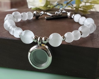 White cats eye stone bracelet Locket to hold a keepsake | Urn Jewelry Gifts for Her | Cremation Jewelry Bracelet | Memorial Bracelet