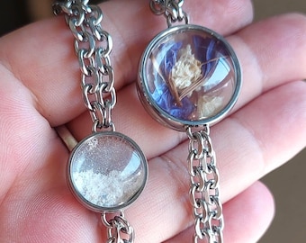 Memorial Glass Locket Bracelet w/ Custom Sized Chains: Keepsake Ashes - Locks of Hair - Pet Fur | DIY Stainless Steel Cremation Jewelry