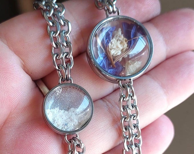 Memorial Glass Locket Bracelet w/ Custom Sized Chains: Keepsake Ashes - Locks of Hair - Pet Fur | DIY Stainless Steel Cremation Jewelry