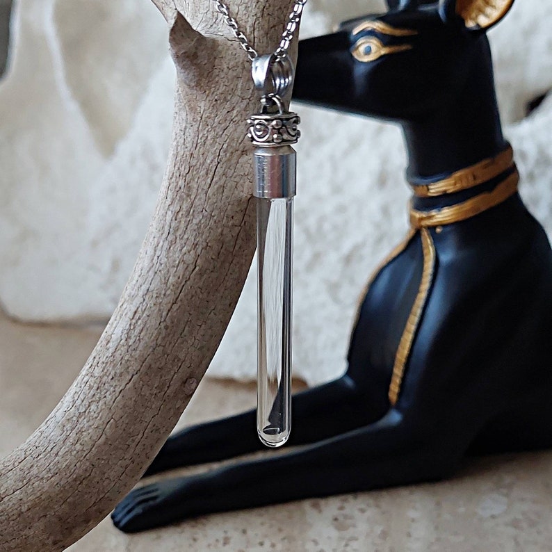 May include: A silver chain necklace with a clear glass vial pendant. The vial has a silver cap with an ornate design. The necklace is hanging from a branch.