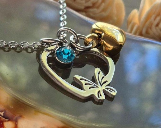 Butterfly Urn Necklace with Birthstone Charm : Heart Urn Cremation Jewelry | Keepsake Ashes Charm Pendant | Sympathy Gifts