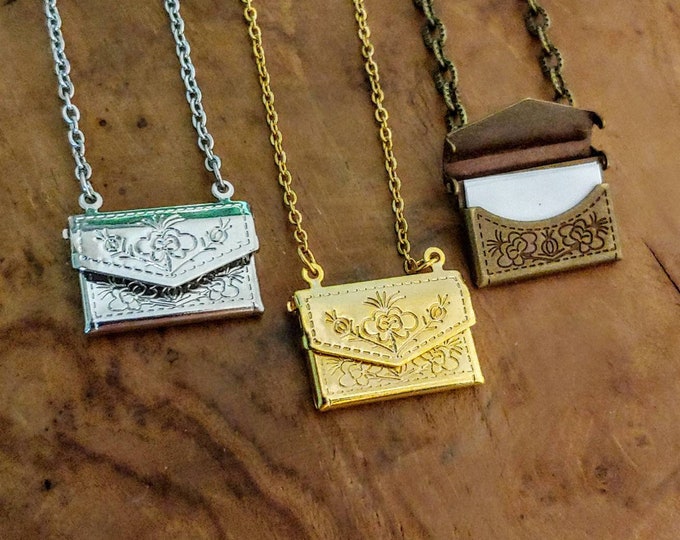 Little Decorative Envelope Necklace | Envelope Locket | Love Note | Memorial Jewelry | Brides Maid Gift | Keepsake Locket | Girlfriend Gift