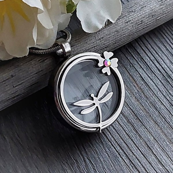 Dragonfly Locket | Silver Urn Necklace for Ashes, Hair, Pet Fur | Glass Keepsake Locket | Pendant for Cremains | Memorial, Cremation Jewelry