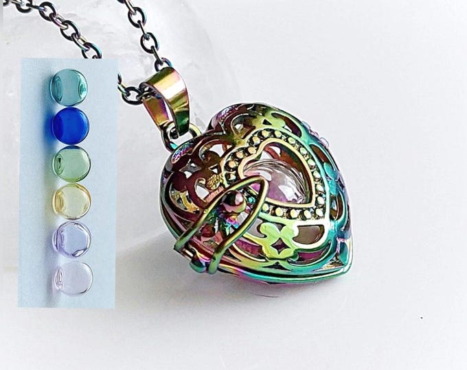 Small Heart Locket Necklace | Rainbow Heart | Keepsake Ashes Jewelry | Stainless Steel Cremation Jewelry | Pet Memorial | Gifts for Her |