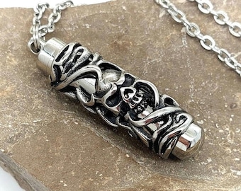 Skull Urn Necklace | Memorial, Cremation Jewelry | Stainless Steel Urn Jewelery for Human Ashes | Condolence Gifts | Pendant for Cremains