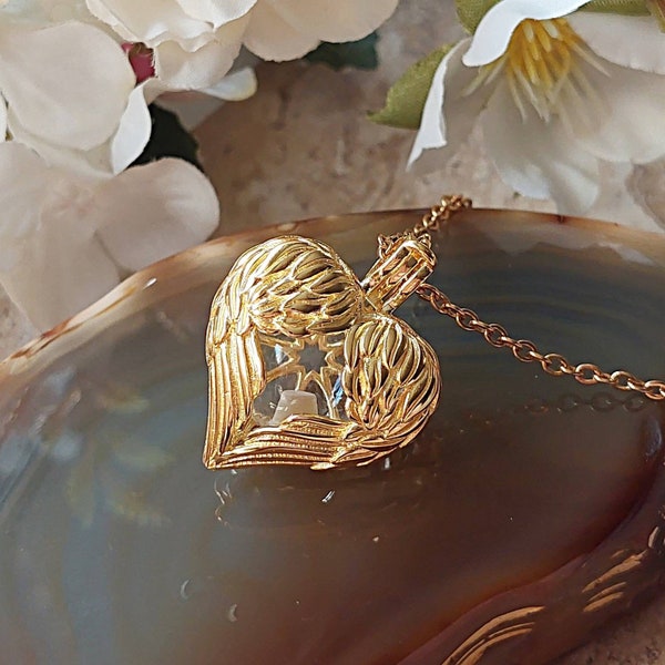 Gold Heart Locket | Urn Necklace for Ashes, Hair, Fur | Memorial, Cremation Jewelry | Large Angel Wings Urn Jewelry | Keepsake Gifts