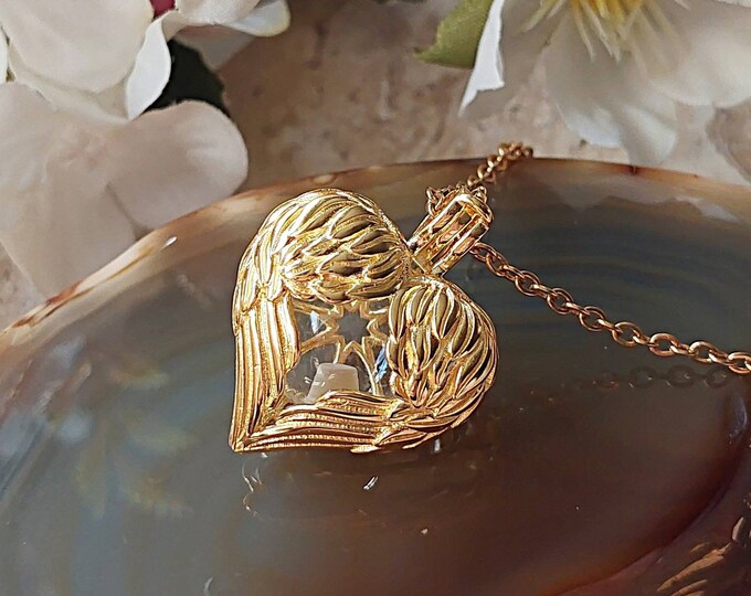 Gold Heart Locket | Urn Necklace for Ashes, Hair, Fur | Memorial, Cremation Jewelry | Large Angel Wings Urn Jewelry | Keepsake Gifts