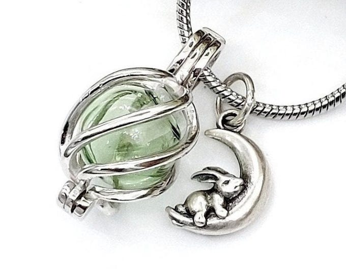Sterling Silver Moon Bunny Urn Necklace, Glass Lockets for Ashes, Memorial Cremation Jewelry