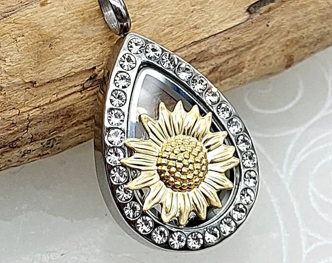 Sunflower Urn Necklace | Crystal Teardrop Locket for Ashes, Hair, Pet Fur | Ash Holder Jewelry | Cremation Jewelry Necklace | Urn Jewellery