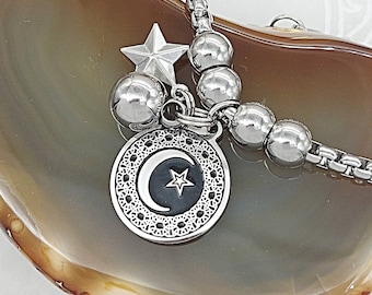 Crescent Moon & Stars Urn Bracelet, Cremation Ash Jewelry, Memorial Ashes Keepsake, Sympathy Gift