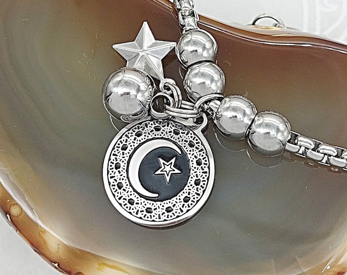 Crescent Moon and Stars Urn Bracelet for Ashes | Cremation Ashes Bracelet | Cremation Jewelry | Memorial Jewellery for Human or Pet Ashes