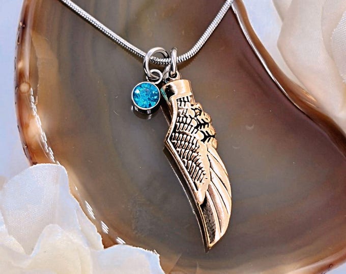 Angel Wing Urn Necklace : Feather Cremation Ashes Pendant, Memorial Jewelry, Keepsake, Condolence Gift