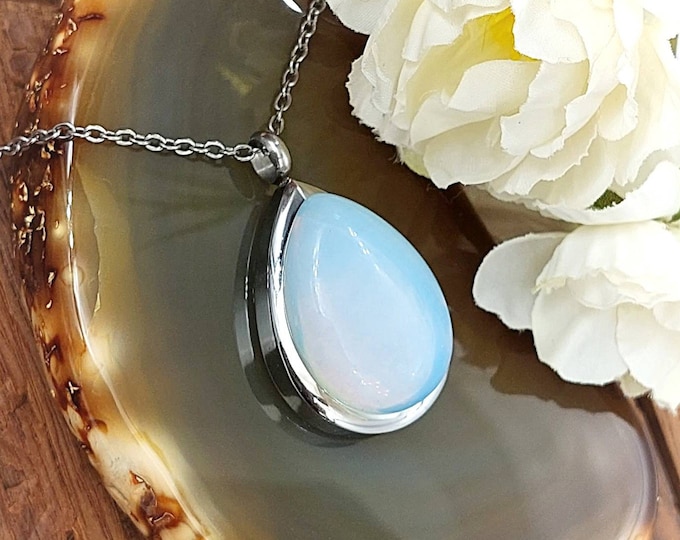 Opalite Teardrop Cremation Ashes Necklace Urn Pendant | Memorial Gift | Cremation Jewelry for Ashes, Hair, Fur | Keepsake Urn Jewelry