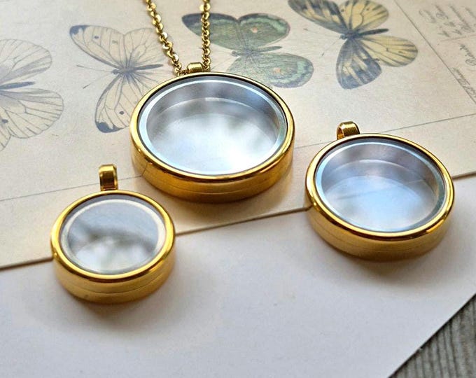 Gold Stainless Steel Glass Locket Necklace | Keepsake, Memorial, Cremation Jewelry for Locks of Hair - Ashes - Dried Flowers - Animal Fur