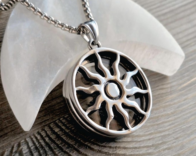 Large Sun Memorial Locket | Urn Necklace, Locks of Hair, Pet Fur, Ashes Jewelry, Cremation Jewelry for Men or Women