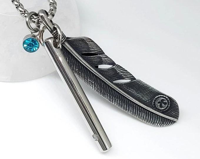Feather Urn Necklace, Stainless Steel Cremation Jewelry for Men or Women, Ash Holder Pendant