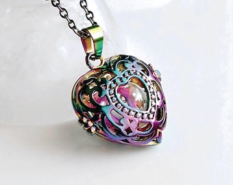 Rainbow Heart Locket Necklace, Ash Holder Pendants, Keepsake Ashes Jewelry, Stainless Steel Cremation Jewelry