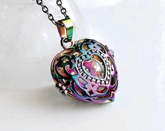 Rainbow Heart Locket Necklace, Ash Holder Pendants, Keepsake Ashes Jewelry, Stainless Steel Cremation Jewelry