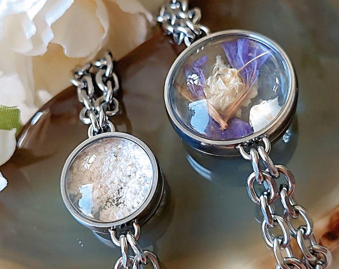 Magnified Glass Locket Urn Bracelet : Memorial Ash/Hair Keepsake | Stainless Steel Cremation Jewelry