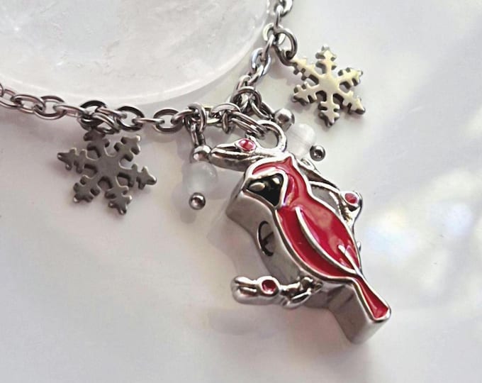 Red Cardinal Cremation Jewelry: Keepsake Ashes Pendant, Christmas Bird Urn Necklace with Snowflake Charms