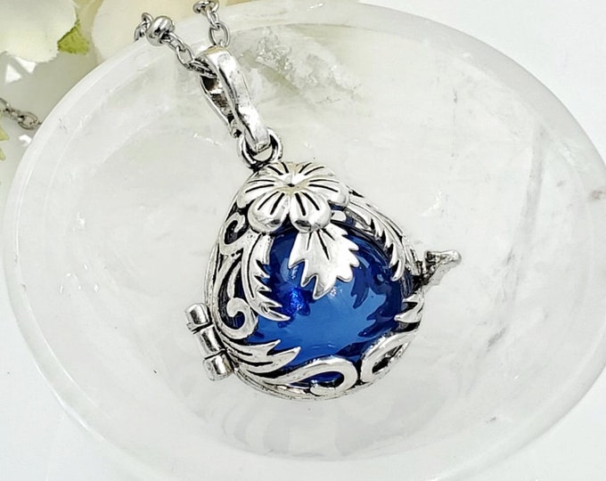 Blue Glass Floral Teardrop Locket Necklace | Cremation Urn Necklace | Pendant for Cremains | Ashes Keepsake | Memorial, Cremation Jewellery