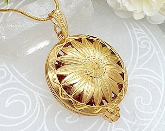 Gold Sunflower Daisy Locket to Hold a Keepsake | Urn Jewelry | Ashes Urn Necklace | Locket for Hair Fur | Cremation Jewelry for Ashes