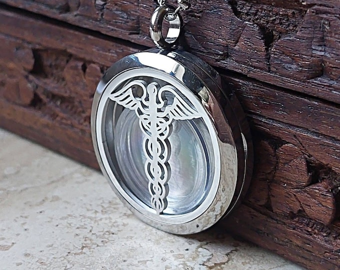 Medical Caduceus Locket Necklace | DIY Memorial Urn Jewelry for Ashes or Hair | Cremation Jewellery | Doctor ~ Paramedic ~ Nurse ~ Gift