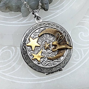 Bunny Rabbit Urn Locket Necklace with Fillable Insert | Cremation Jewelry | Over the Moon & Stars Bunny Hair Fur Locket | Cremation Necklace