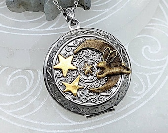 Bunny Rabbit Urn Locket Necklace with Fillable Insert | Cremation Jewelry | Over the Moon & Stars Bunny Hair Fur Locket | Cremation Necklace