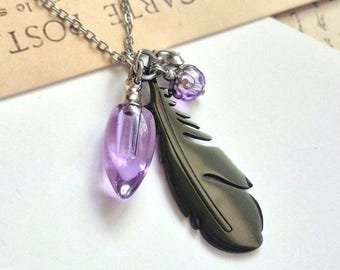 Black Feather Keepsake : Urn Necklace for Ashes, Cremation Jewelry, Crow, Raven, Bird Ashes Pendant
