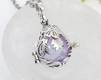 Floral Teardrop Locket Necklace, Lavender Glass Cremation Urn Jewelry for Ashes