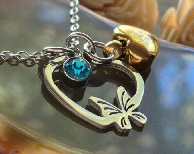 Butterfly Urn Necklace with Birthstone Charm : Heart Urn Cremation Jewelry | Keepsake Ashes Charm Pendant | Sympathy Gifts
